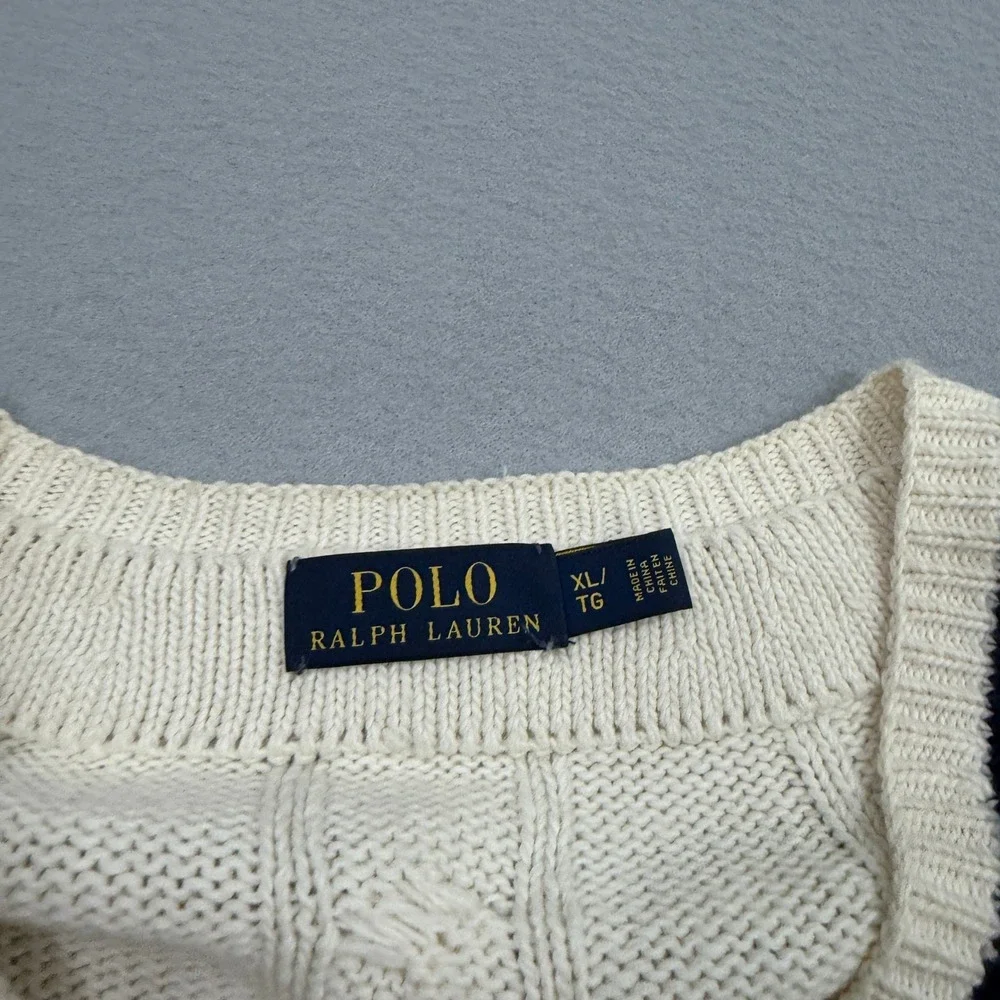 Polo Ralph Lauren Sweater Mens XL Ivory Cricket Cable Knit Cotton Cashmere VNeck